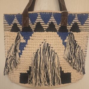 Handcrafted Blue cotton jacquard tote bag with faux leather handles, NEW.
